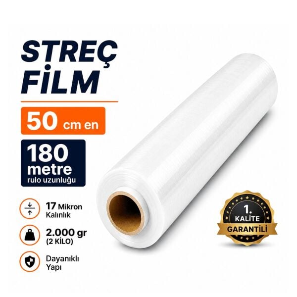 180 Metre KALIN ŞEFFAF Palet Streç Film - 50 cm en - 17 Mikron - 2.000 GR