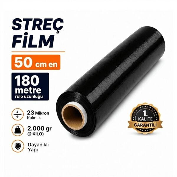 180 Metre KALIN SİYAH Palet Streç Film - 50 cm en - 23 Mikron - 2.000 GR