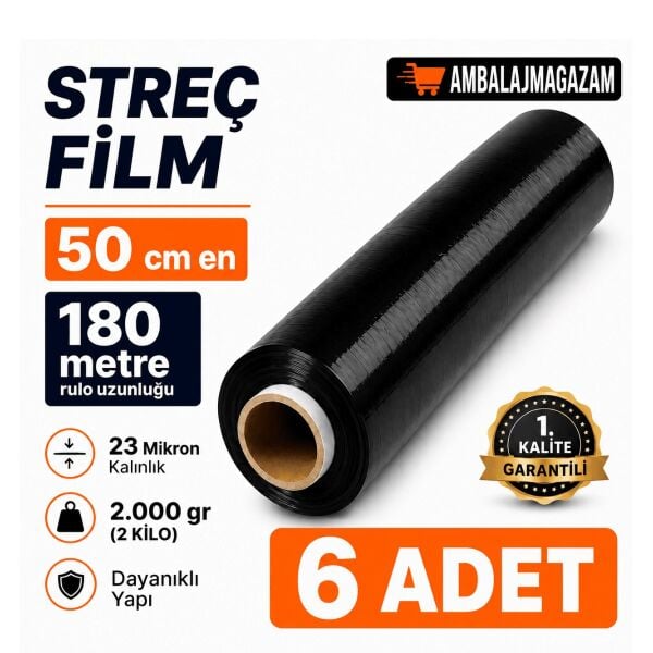 AVANTAJ PAKET (6 ADET) 180 Metre KALIN SİYAH Palet Streç Film - 50 cm en - 23 Mikron - 2.000 GR