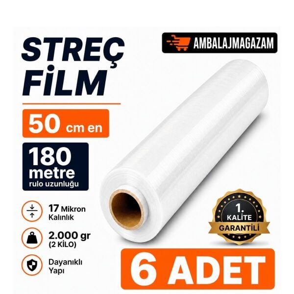 AVANTAJ PAKET (6 ADET) 180 Metre KALIN ŞEFFAF Palet Streç Film - 50 cm en - 17 Mikron - 2.000 GR
