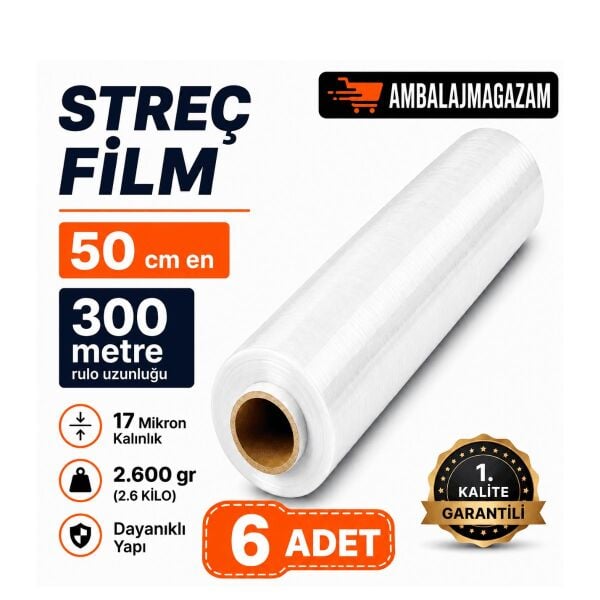 AVANTAJ PAKETİ (6 ADET) 300 Metre KALIN ŞEFFAF Palet Streç Film - 50 cm en - 17 Mikron - 2.600 GR