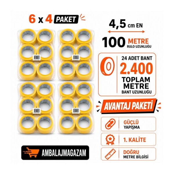 24 ADETLİ AVANTAJ PAKET Koli Bandı - 4,5 x 100 METRE - TOPLAM 2.400 Metre