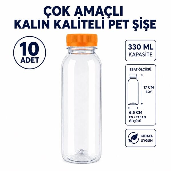 10 ADET Çok Amaçlı 330 ml Kapaklı Kaliteli Kalın Pet Şişe - Gıdaya Uygun