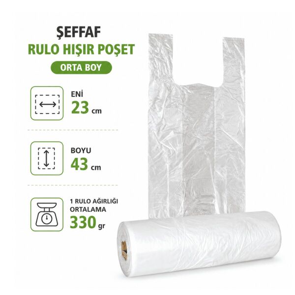 Şeffaf Rulo Hışır Poşet Orta Boy 23x43 cm 330 Gr - Market ve Günlük Kullanım Poşeti