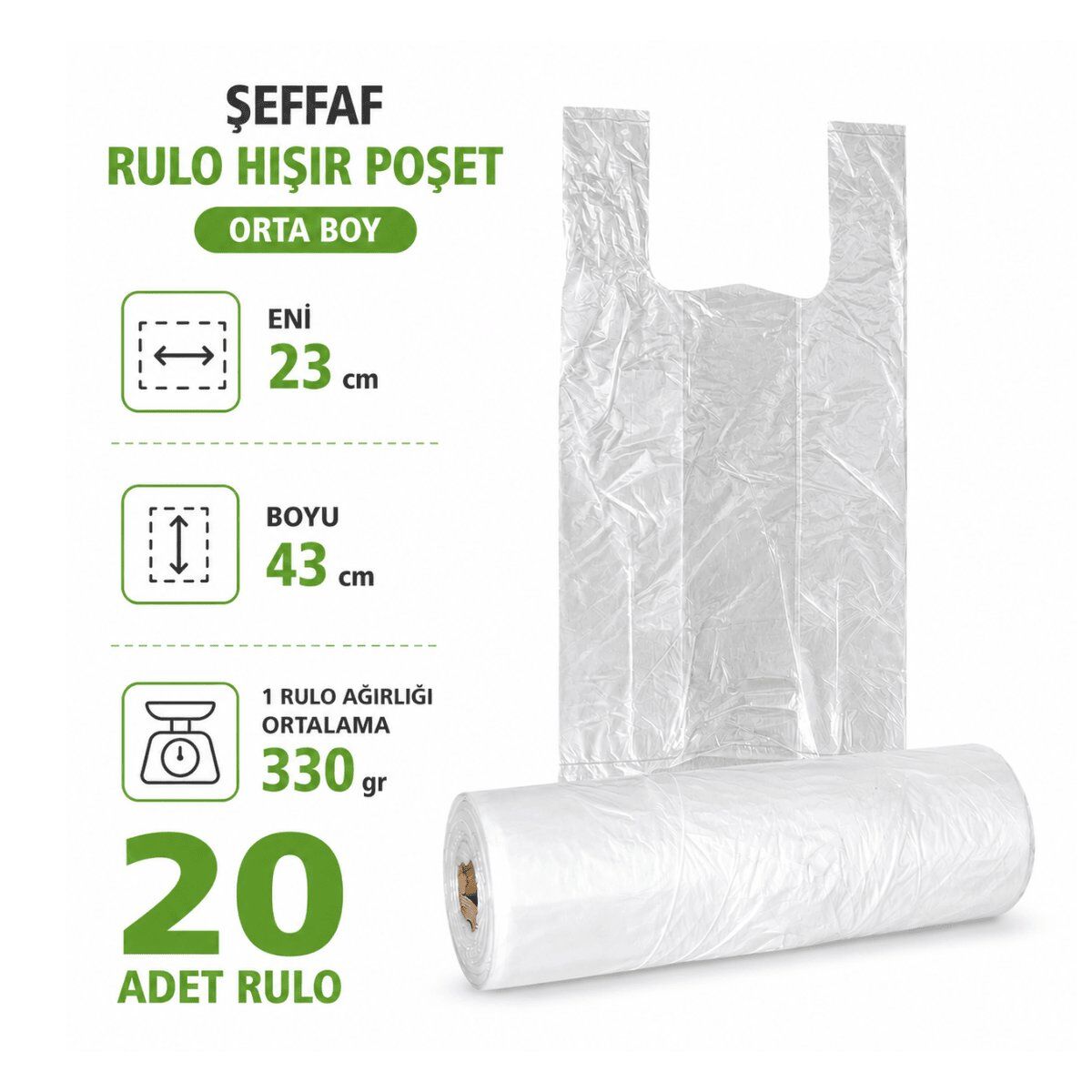 20 RULO Şeffaf Hışır Poşet Orta Boy 23x43 cm - Market ve Günlük Kullanım Poşeti