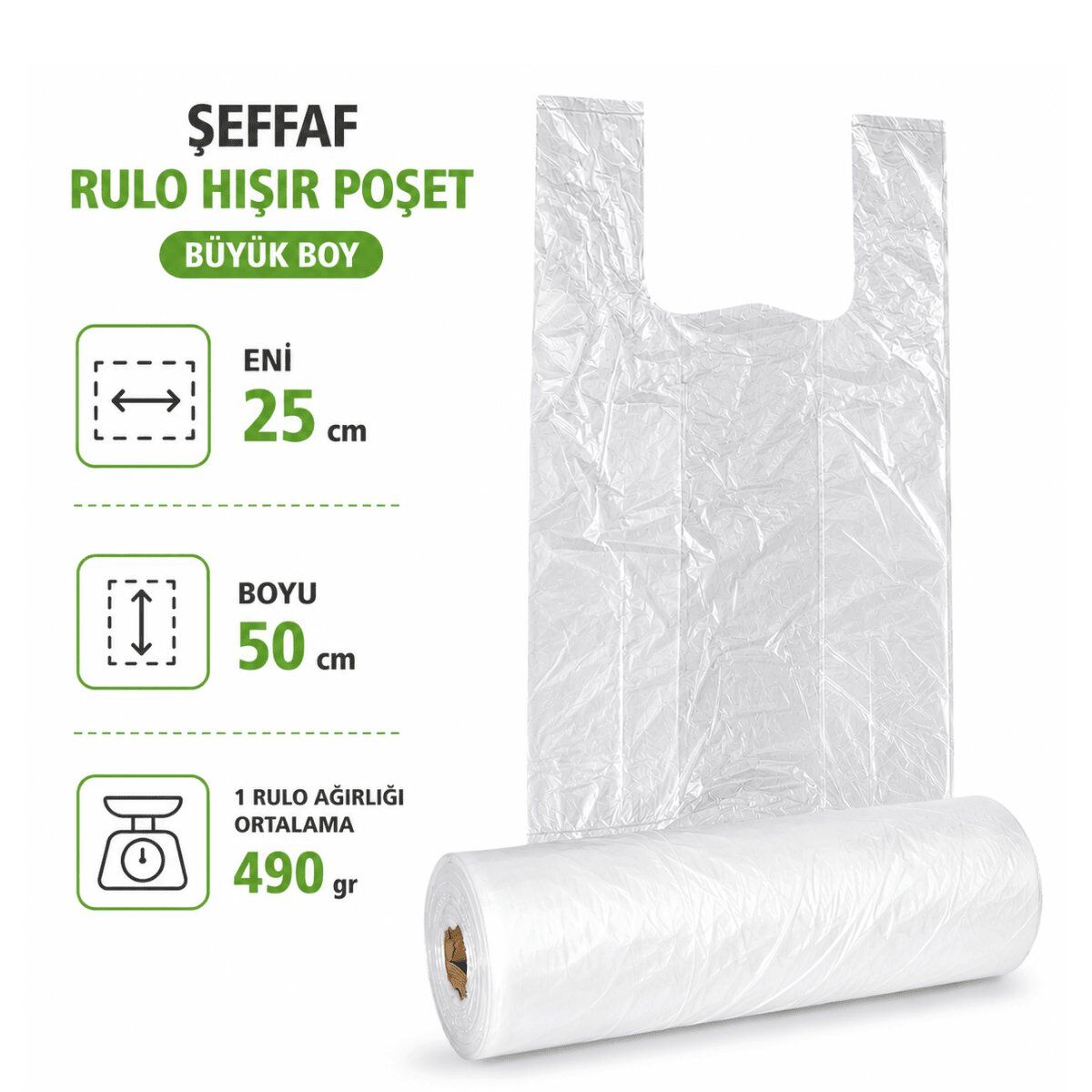 Şeffaf Rulo Hışır Poşet Büyük Boy 25x50 cm 490 Gr - Market ve Günlük Kullanım Poşeti