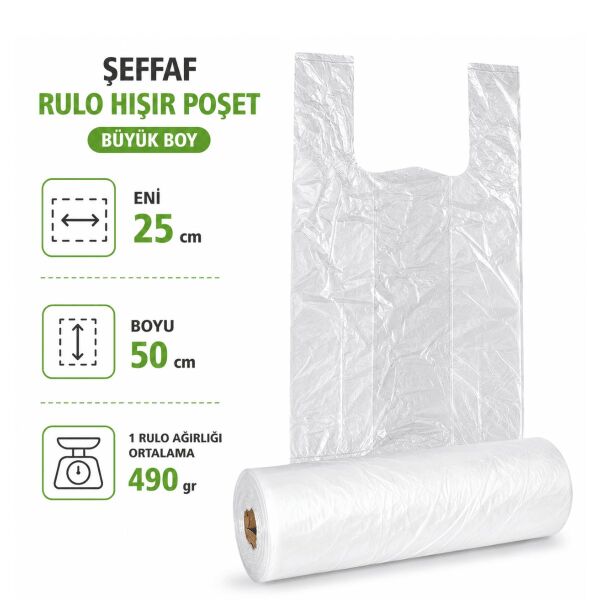 Şeffaf Rulo Hışır Poşet Büyük Boy 25x50 cm 490 Gr - Market ve Günlük Kullanım Poşeti