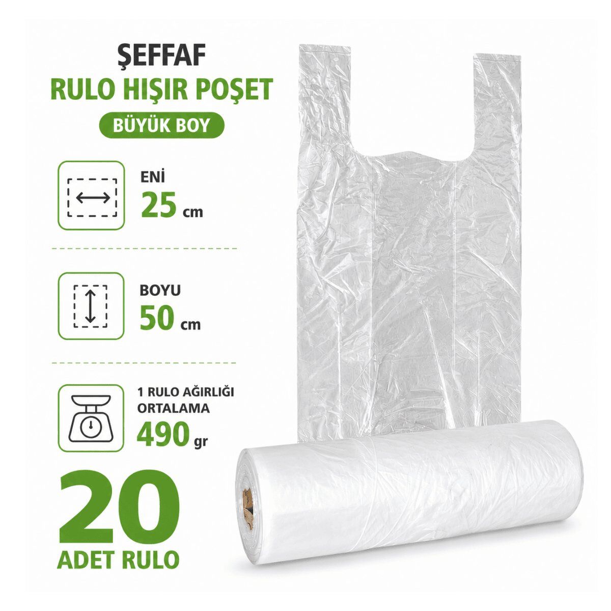 20 RULO Şeffaf Hışır Poşet Büyük Boy 25x50 cm - Market ve Günlük Kullanım Poşeti