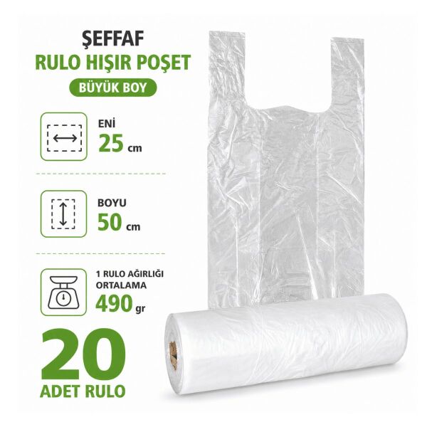 20 RULO Şeffaf Hışır Poşet Büyük Boy 25x50 cm - Market ve Günlük Kullanım Poşeti