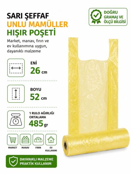 Sarı Şeffaf Hışır Atlet Poşet 26 x 56 cm - Rulo Market, Manav ve Fırın Poşeti
