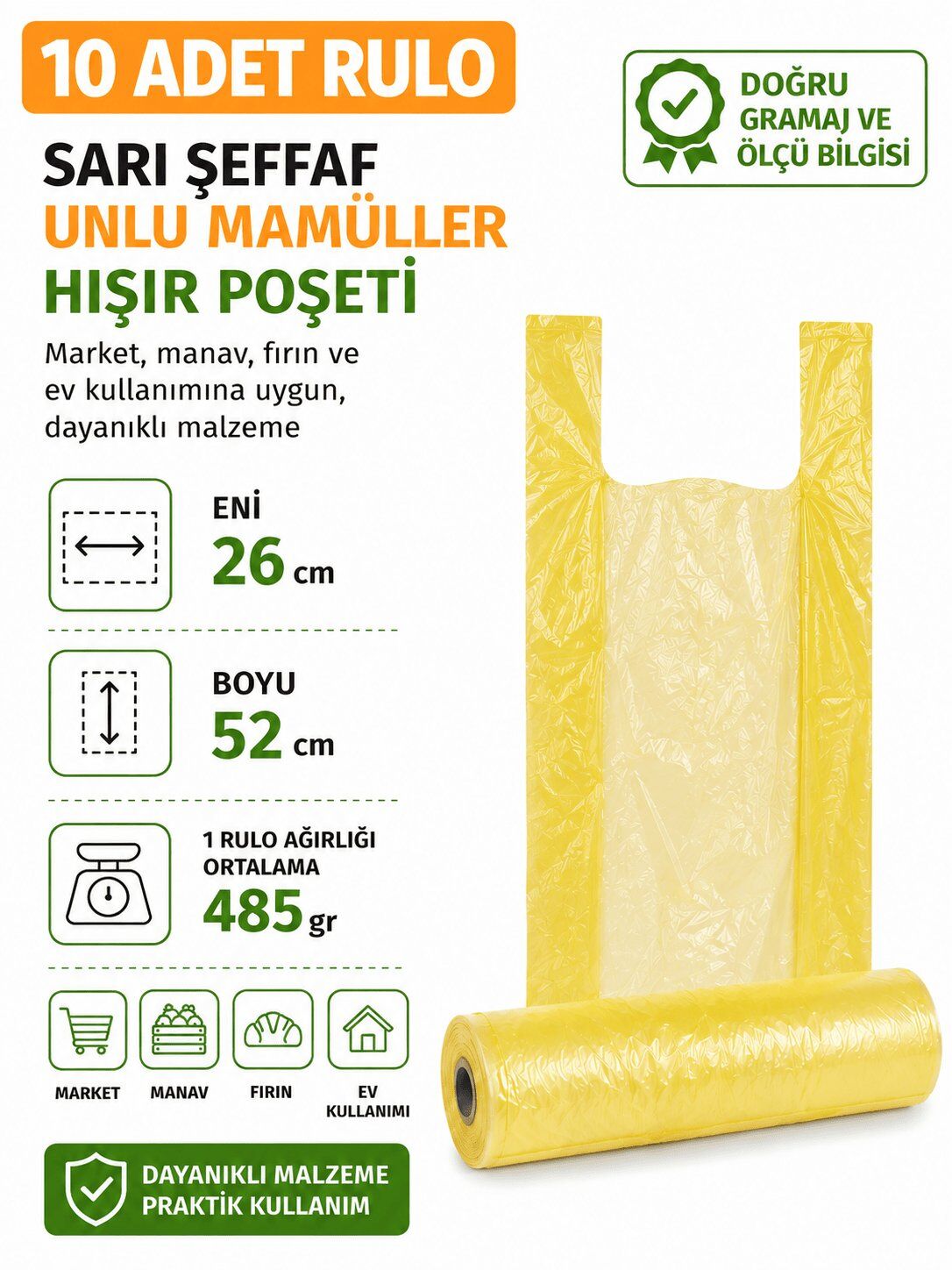 10 ADET RULO Sarı Şeffaf Hışır Atlet Poşet 26 x 56 cm - Rulo Market, Manav ve Fırın Poşeti
