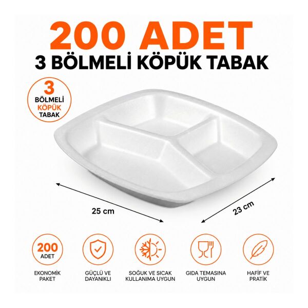 Yüksek Kalite 200 ADET 3 Bölmeli Köpük Tabak - Üç Gözlü Köpük Tabak
