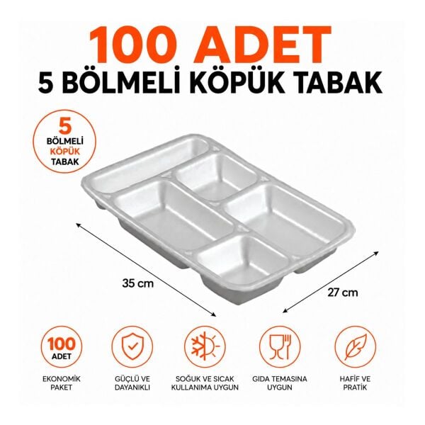 Yüksek Kalite 100 ADET 5 Bölmeli Köpük Tabak - Beş Gözlü Köpük Tabak