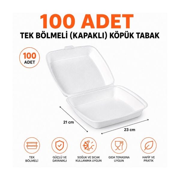 100 ADET Kapaklı Tek Bölmeli Köpük Tabak - Kapaklı Köpük Tabak