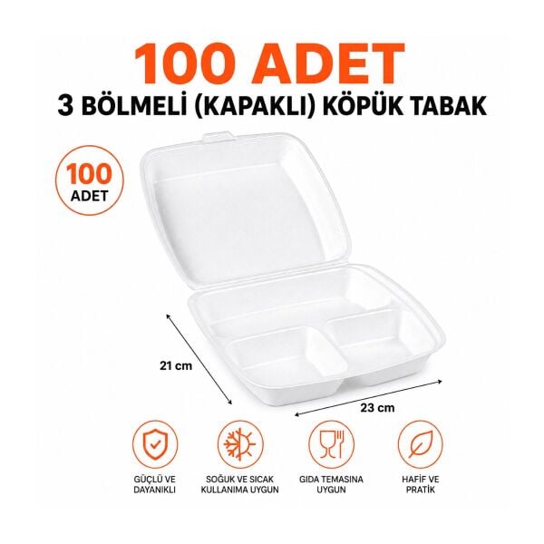 100 ADET Kapaklı 3 Bölmeli Köpük Tabak - Üç Gözlü Kapaklı Köpük Tabak