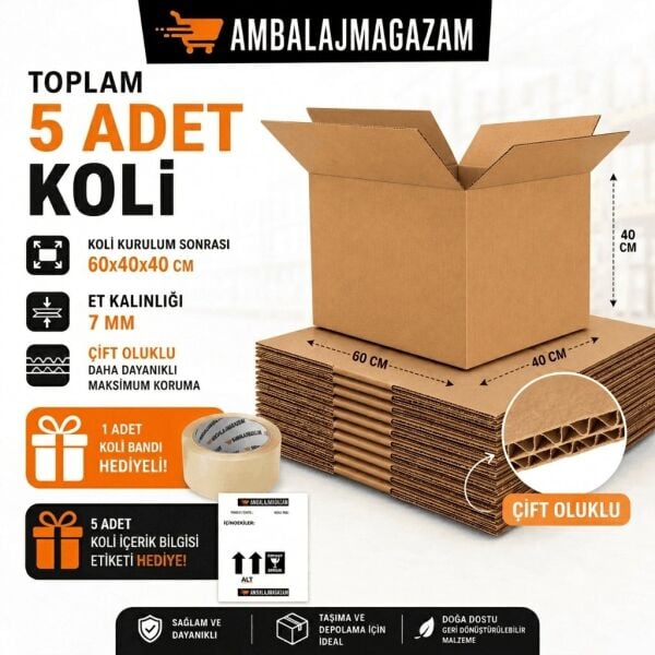 5 Adet Karton Koli - 60x40x40 cm - 1 Koli Bandı ve 5 İçerik Bilgi Kağıdı HEDİYELİ