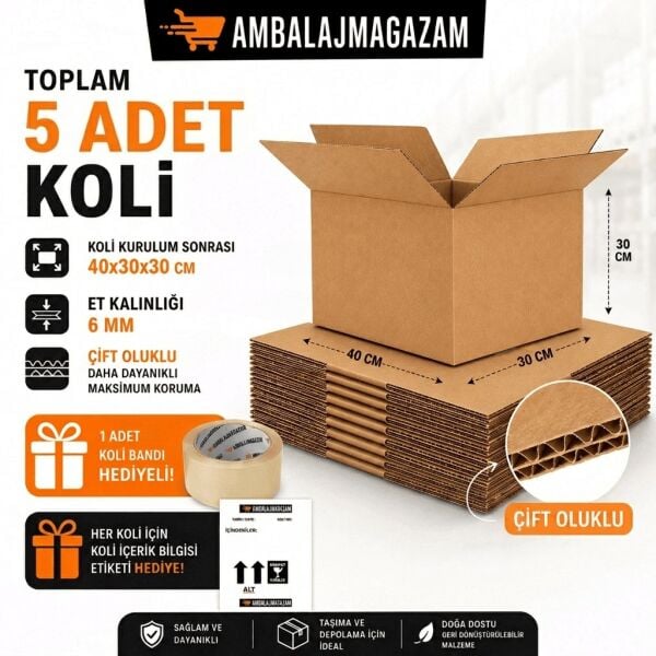 5 Adet Karton Koli - 40x30x30 cm - 1 Koli Bandı ve 5 İçerik Bilgi Kağıdı HEDİYELİ